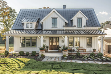 Charming Modern Farmhouse Exterior with White Board and Batten Siding