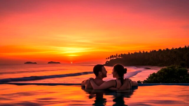 Couple Enjoying Sunset View from Infinity Pool on Tropical Beach Vacation.
