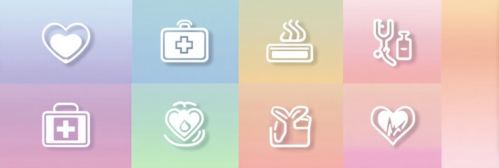 Collection of Health and Wellness Icons Representing Care, Medical Tools, and Healing Concepts on Colorful Backgrounds
