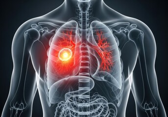 3d illustration of a human chest showing lungs with a tumor highlighted in red, representing lung cancer or disease