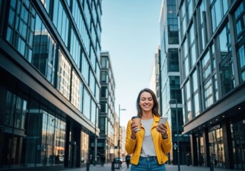 A smiling woman in a yellow jacket holds a coffee cup and a smartphone while walking between modern glass buildings in a city