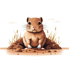 A cheerful groundhog peeking out from its burrow, surrounded by grass and a clear blue sky.