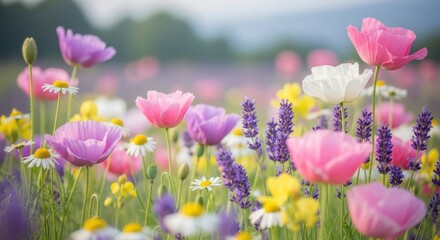 Vibrant field of wildflowers in soft sunlight