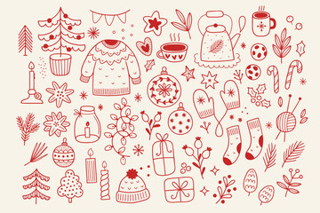 Christmas set - sweater, fir tree, garland, ball, candle, socks, berry, cup, cookie, mittens, cone, snow on white background. Perfect for winter greeting cards. Vector outline hand drawn illustration