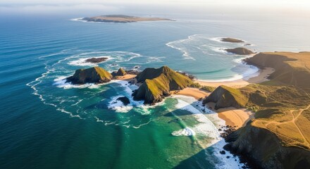 Dramatic coastal cliffs and ocean waves from above