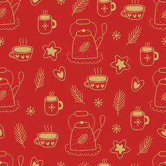 Christmas seamless pattern with kettle, cookie, cup, fir branches, snowflake on red background. Perfect for wallpaper, gift paper, winter greeting cards. Vector outline hand drawn illustration
