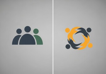 Two abstract icons representing teamwork and community, one with a group of people and the other a circular formation of figures