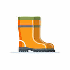 Bright orange rubber rain boots with green top and grey sole for outdoor protection