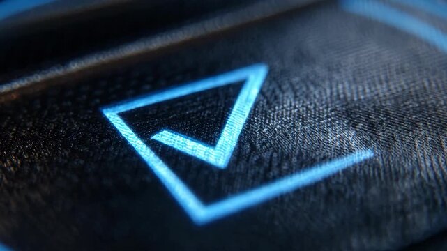 Tick Mark in Blue: An isolated close-up of a digital symbol in blue glows against a textured surface, representing confirmation and choice