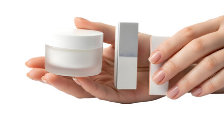Woman's hands holding white cosmetic jar and packaging boxes for beauty product promotion. isolated PNG with Transparent Background