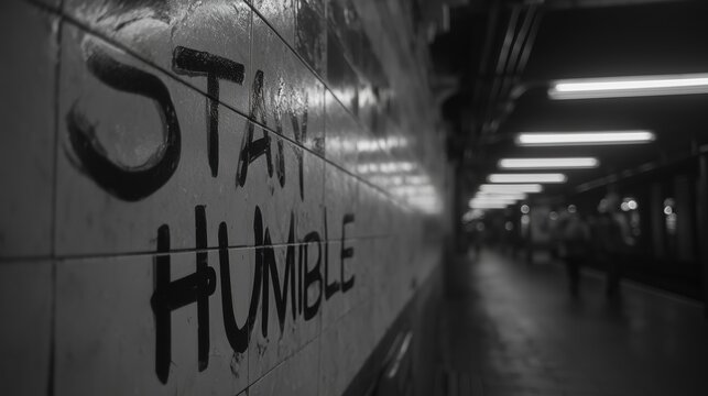 Inspirational graffiti saying Stay Humble on subway wall in dimly lit urban station - Powered by Adobe