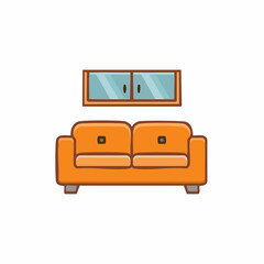 Modern orange sofa with a wall-mounted shelf above