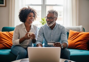 A happy, smiling african american couple in their 40s sitting on a sofa, looking at a laptop and holding a credit card, suggesting online shopping or banking