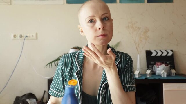 Woman with alopecia caused by chemotherapy putting on sunscreen, showing gentle skincare and daily protection for cancer patients.