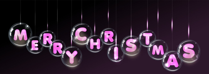 Christmas balls, hanging baubles decorations. Merry Christmas frame text, made of glass and pink in color. Greeting card mockup, banner template. Vector illustration isolated on black background
