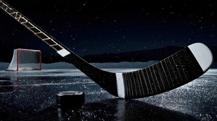 A hockey stick and puck on an ice rink at night. Snowfall, the goal in the background, and reflections on the ice create an atmosphere of action and winter sports.