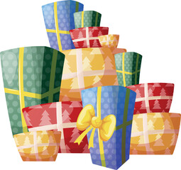 huge pile of gifts. Colorful, vibrantly colored presents, beautifully stacked on top of each other.