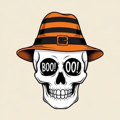 Spooky halloween skull wearing a striped orange and black fedora hat with a buckle, featuring boo oo text in the eye sockets, perfect for seasonal decorations and graphic design