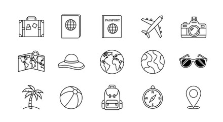 Travel accessories icons including suitcase, passport, and camera  