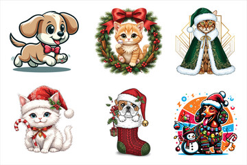Fototapeta premium Cute cartoon christmas pets: dogs and cats in festive holiday attire
