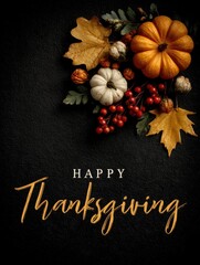 Happy Thanksgiving, Autumn Decor, Pumpkin Arrangement, Fall Leaves, Crimson Berries, Cozy Seasonal Greeting, Rustic Harvest Theme, Black Background, Warm Tones, Elegant Composition