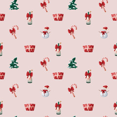 Seamless winter pattern with a snowman, a Christmas cane, and orange on a light background.