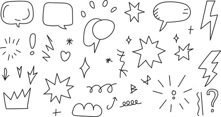 Doodle element collection including speech bubbles stars lightning bolts and artistic crowns