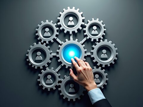 Human resources management and leadership concept. Businessman activating a team network with gears and employee icons.