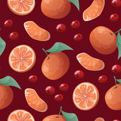 rich seamless pattern with oranges, lingonberries, and cranberries on a deep dark red background. 