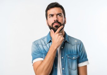 A thoughtful man with a beard, wearing a denim shirt, with his hand on his chin, looking up and to the side, isolated on white background