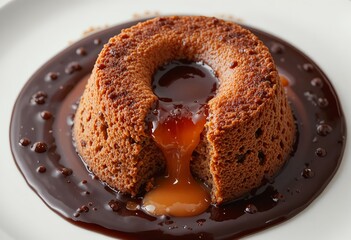 Lava cake with small pool of chocolate sauce around, minimal styling, advertising banner layout.