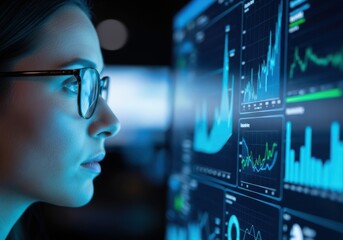Closeup profile of a woman wearing glasses, intently studying complex financial data and stock market graphs displayed on multiple glowing blue screens in a dark, futuristic environment