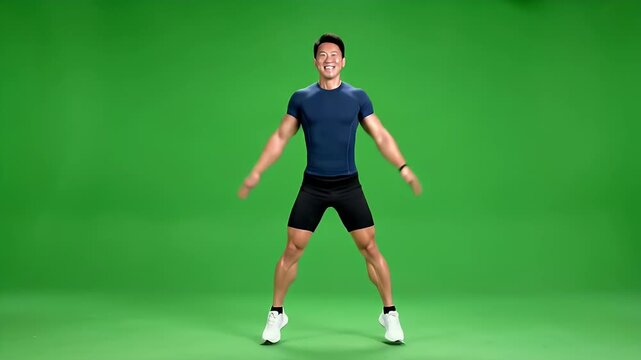 Asian man performing jumping jacks exercise on green screen