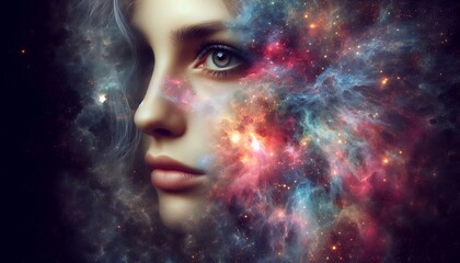 Cosmic Woman Portrait with Nebula, Stars, and Galaxy