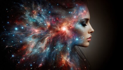 Ethereal Woman Profile with Nebula Hair, Stars, and Galactic Swirls