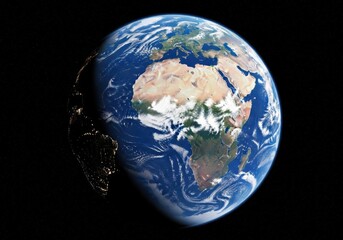 View of planet earth from space, showcasing africa and europe with visible clouds and city lights on the dark side
