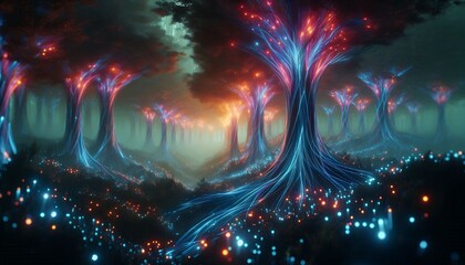 Mystical Bioluminescent Forest with Radiant Trees and Ethereal Glow