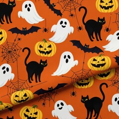 Cute halloween pattern with black cats, ghosts, pumpkins, bats, and spiders on an orange background, perfect for fabric and decorations