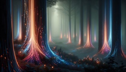 Futuristic Fantasy Forest with Luminous Trees and Glowing Energy Roots