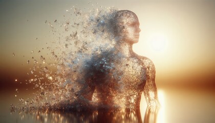 Human Figure Dissolving into Particles at Sunset