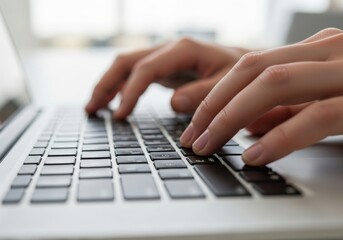 Closeup of a persons hands typing on a laptop keyboard, focusing on the action of writing and working on a computer