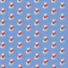 Seamless pattern. cute little snowman with reindeer antlers and red scarf on a rich blue background
