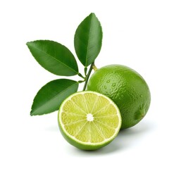 Fresh lime fruit with leaves, one half sliced, isolated on white background