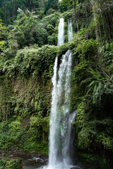 Secret waterfall cascading through lush rainforest jungle in lombok