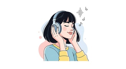 Young woman with closed eyes enjoying music through headphones, with musical notes and sound waves in the background.
