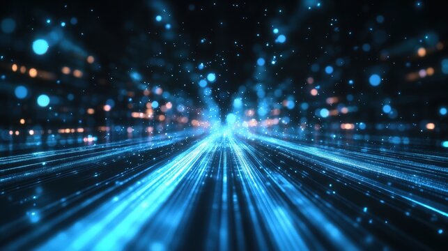 A mesmerizing visual of blue light beams and particles, creating a sense of depth and movement in a digital space.