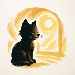 Brushstroke black cat by the window