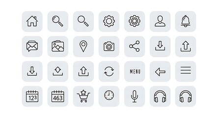 Collection of Minimalist Line Icons for User Interface Design.