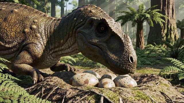 Maiasaura Dinosaur Guarding Nest of Eggs in Forest &ndash; Naturalistic 4K Peaceful Wildlife Video