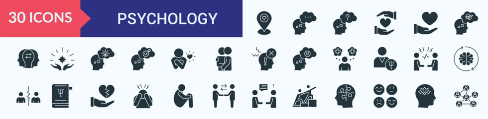 Psychology icon collection set with favorite location, thought, think, charity, care, confused